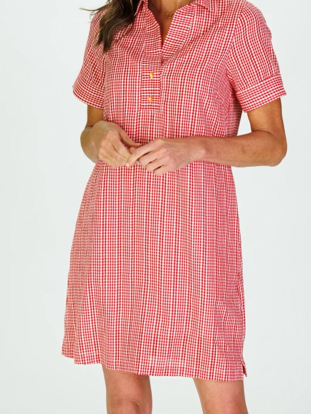 Red Gingham Short-Sleeve Shirt Dress pockets ruffied
